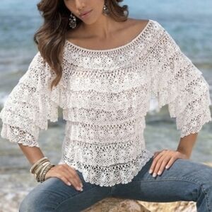 Boston Proper White Crochet Salsa Tiered Sweater 3/4 Sleeve Blouse Boho